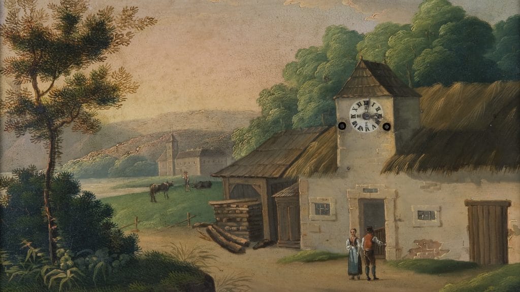 Maalaismaisemaa kuvaava maalaus, jossa etualalla seisoo kaksi hahmoa ja rakennuksen seinässä oleva suuri kello.