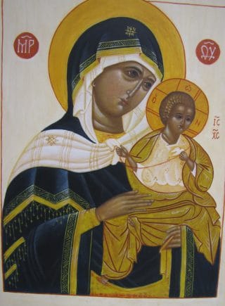 Ikoni maalausvaiheessa; Maria ja Jeesus.