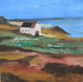 Meren rannalla olevaa rakennusta kuvaava maalaus.