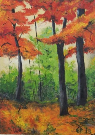 Metsää kuvaava värikäs maalaus.