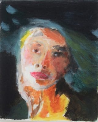Naisen päätä kuvaava monivärinen maalaus