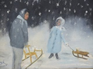 Talvinen maalaus, jossa nainen ja tyttö.