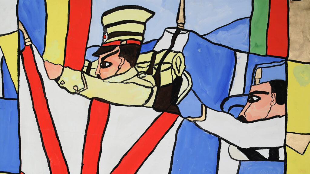 Kuvassa värikäs taideteos, jossa sarjakuvamaisesti piirretyt sotilaat ovat lippujen keskellä
