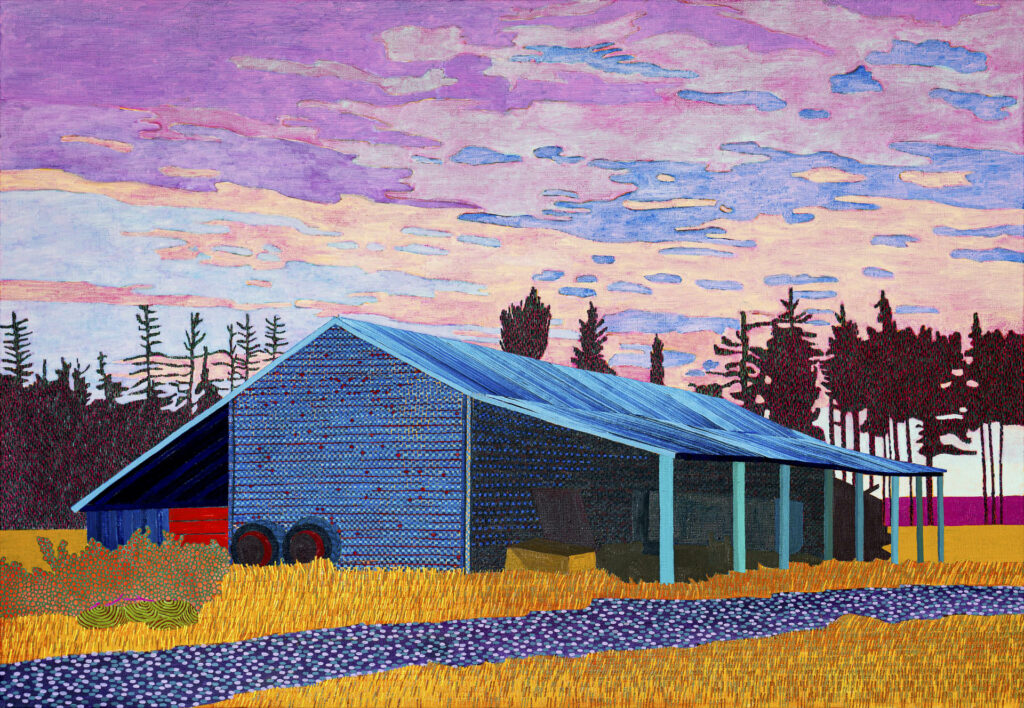 A painting of a big and colorful barn